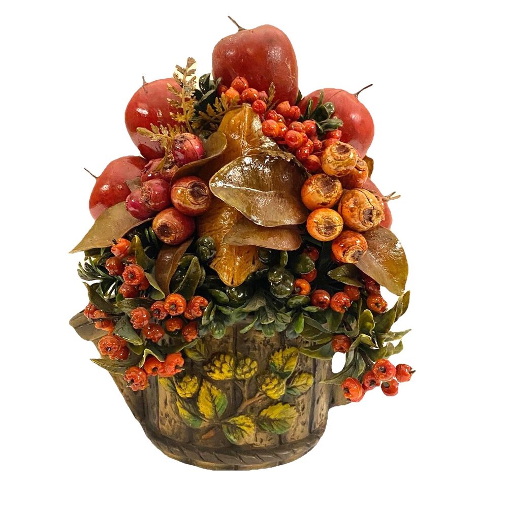 Vintage Fruit Berry Arrangement Ceramic Watering Can Autumn Thanksgiving Decor